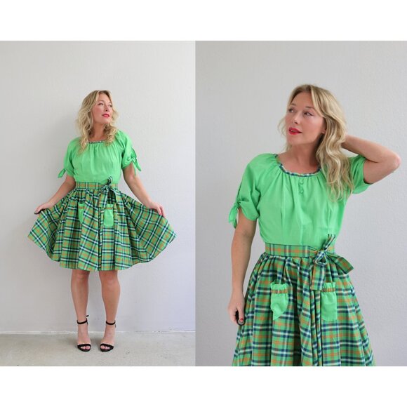 1970's Vintage Kelly Green & Plaid Western Dress ~ Women's Small to Medium SM MD - Picture 1 of 10